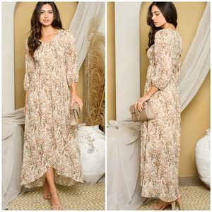 POLAGRAM Bobo Chic Beige Ditzy Floral 3/4 Sleeves Maxi Dress